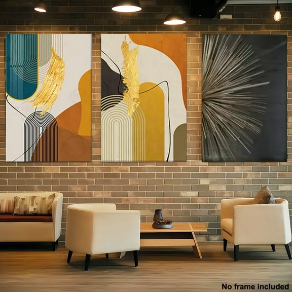 3pcs, 2D Frameless Canvas Art, Set of 3 Framed Wall Decor - Golden Abstract Geometric Pattern Prints - Modern Bohemian Style Nordic Home Decoration for Living Room, Bedroom, and Hallway, 2D Flat, Pe