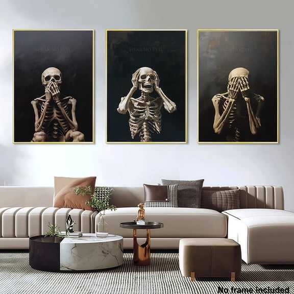 3pcs, 2D Frameless Canvas Art Set of 3, Living Room Decor, Abstract Human Skeleton Anatomical Eerie "Do Not Touch, Do Not Listen, Do Not Speak" Halloween Three Wise Monkeys Classic Dark Art, 2D Flat