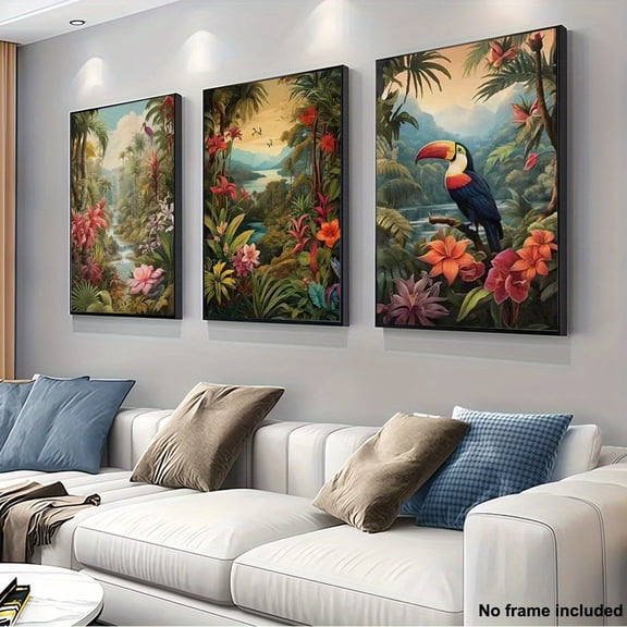 3pcs, 2D Frameless Canvas Art, Set of 3 Living Room Decor Paintings Featuring Floral Plants, Birds, Lakeside Tropical Jungle Aesthetic in Bohemian Style for Home Wall Decoration, 2D Flat, Perfect fo