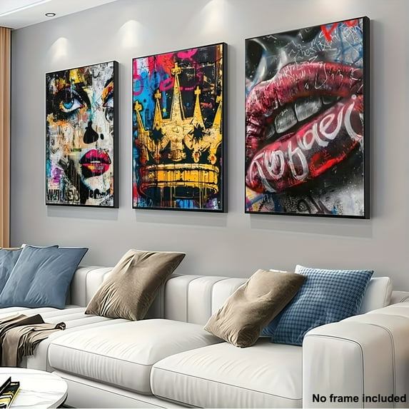 3pcs, 2D Frameless Canvas Art, Set of 3 Living Room Decorative Paintings - Golden Crown, Sexy Red Lips, Pop Art, Street Graffiti Style Abstract Wall Art, Modern Home Decor for Bedroom and Living Roo