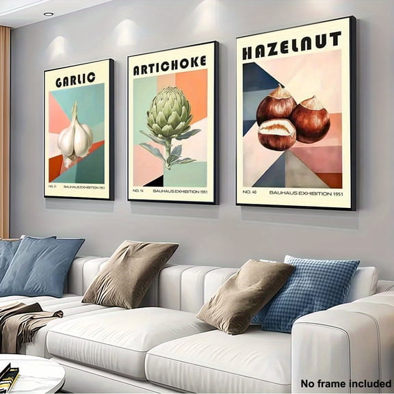 3pcs, 2D Frameless Canvas Art, Three-Piece Living Room Decor Set, Key Food and Vegetable Illustration Art, Eggplant, Garlic, Chestnut, Kitchen and Dining Wall Decoration, Home Interior Wall Art, 2D