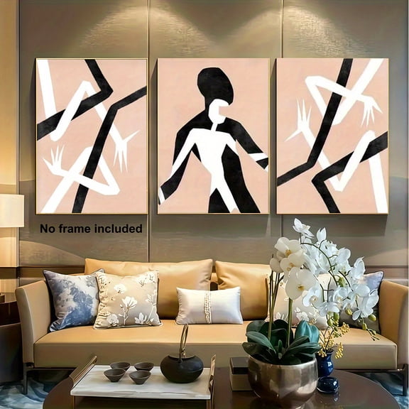 3pcs, 2D Frameless Canvas Art, Triptych Decorative Painting Set of 3 Frameless Printed Canvases, Minimalist Abstract Art with Black and Beige Figure Illustrations, Line Drawing Human Body Design for