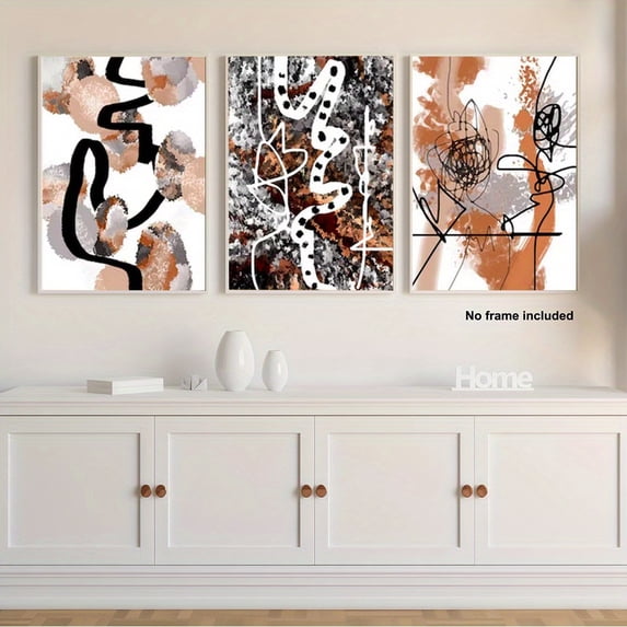 3pcs, 2D Frameless Canvas Painting, Triptych Decorative Art Modern Abstract Orange Gray Black Poster Set of 3 Contemporary Brushstroke Line Art Canvas Prints, 2D Flat, Perfect for Room Decor