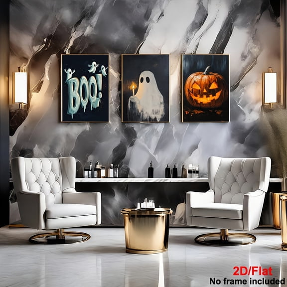 3pcs, 2D Frameless High-Quality Canvas Wall Art Set - Halloween Gallery Prints, Vintage Halloween Decor, Spooky Ghost Painting, Dark Aesthetic Wall Art for Halloween
