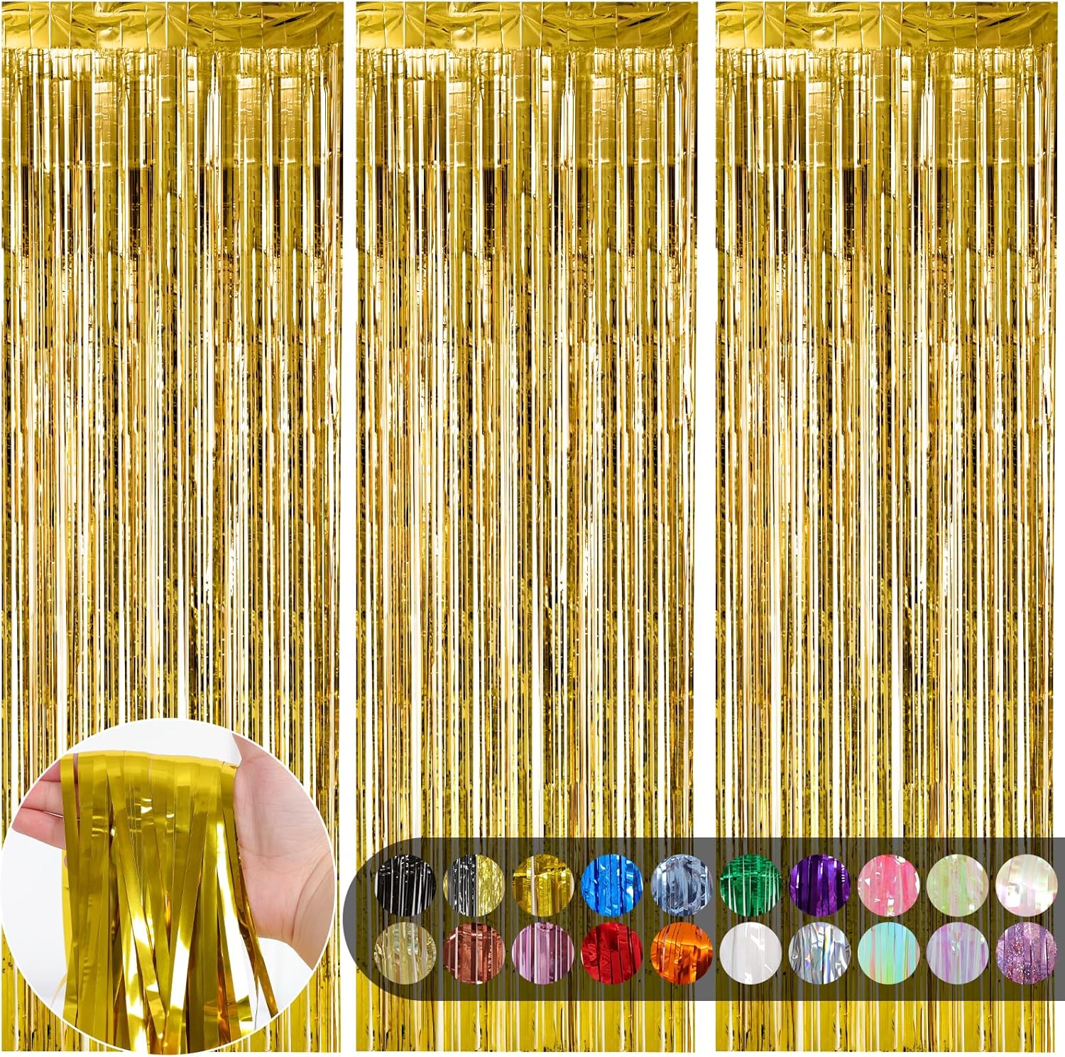 3pcs 3.3x8.2 Feet Gold Fringe Backdrop Curtains,Tinsel Streamers
