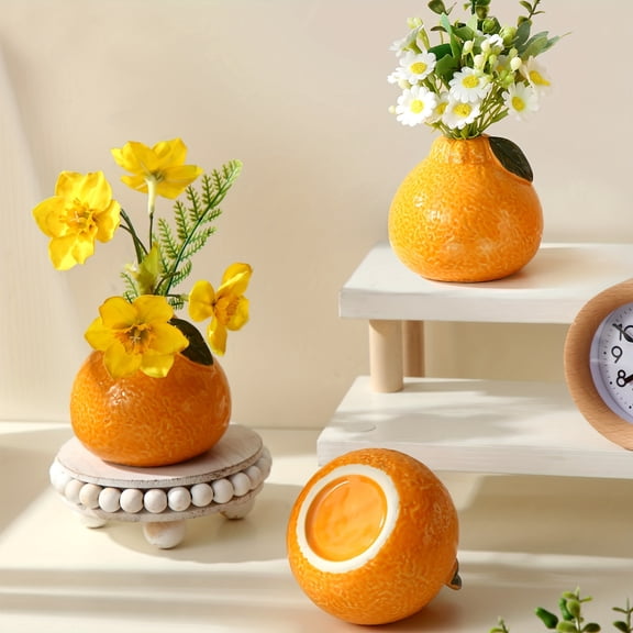 3pcs 3.7 Inch Ceramic Orange Vase Green Leaves Cute Tangerine Shape Planter Hydroponics Vase Small Flower Pot Living Room Bookshelf Office Tabletop Home Decor Stylish Durable
