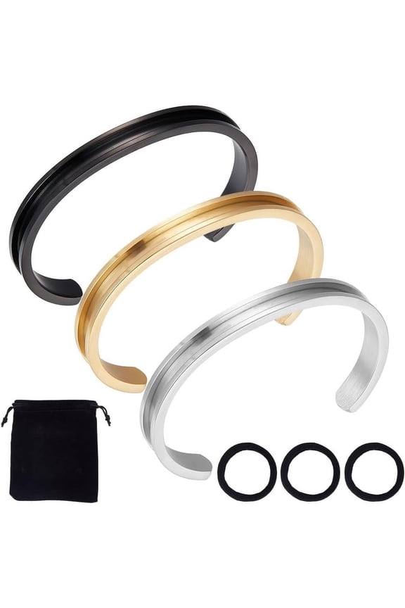 3pcs 3 Color Hair Tie Bracelet 4mm Inner Stainless Steel Grooved Bangles Open Cuff Bangle Metal Empty Bangles Gemstone Leather Inlay Bracelet with Velvet Pouches