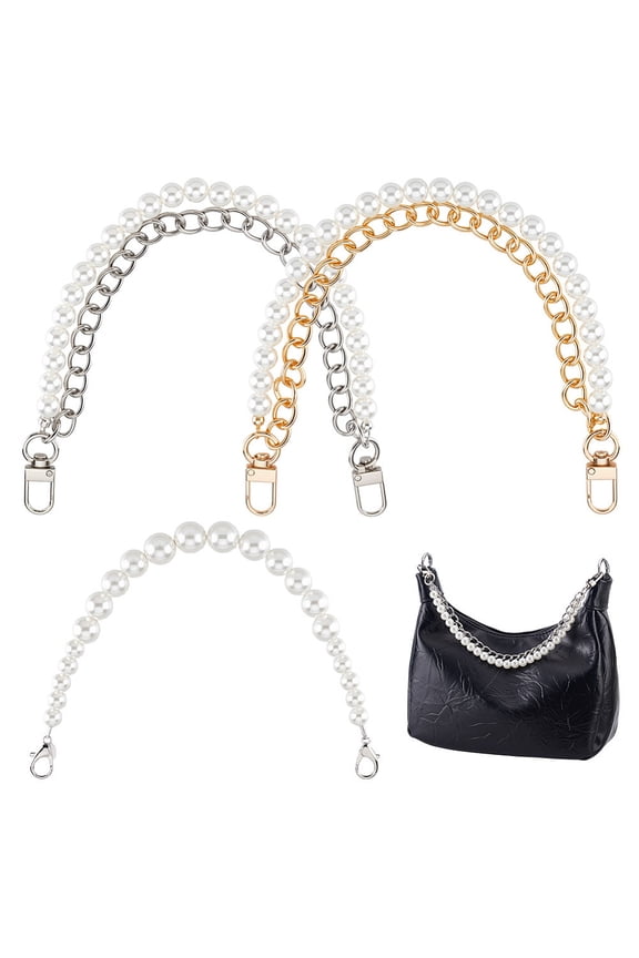 3pcs 3 Styles Pearl Purse Chain 12.6 inch Imitation Gold Silver Metal Short Handle Replacement Bag Extender Chain Pearl Bag Charm DIY
