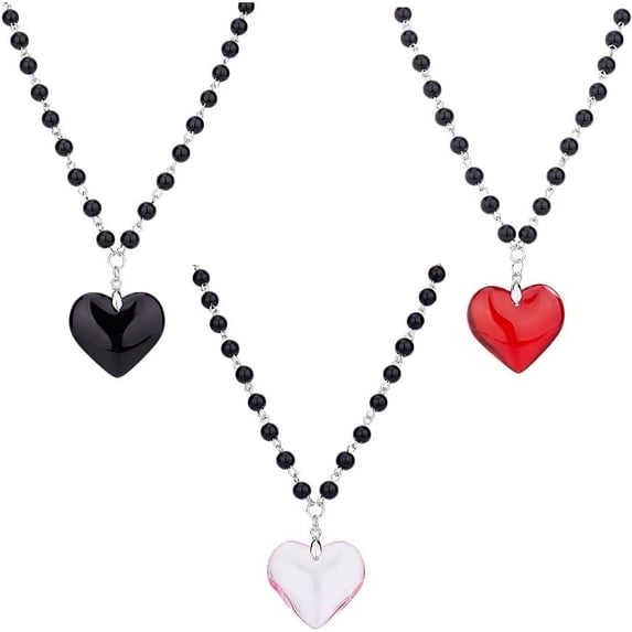 3pcs 3 colors Glass Heart Pendant Necklaces set with Plastic Beaded Chains Alloy Necklaces for Women Mixed color 18.03 inch(45.8cm) 1pc/color