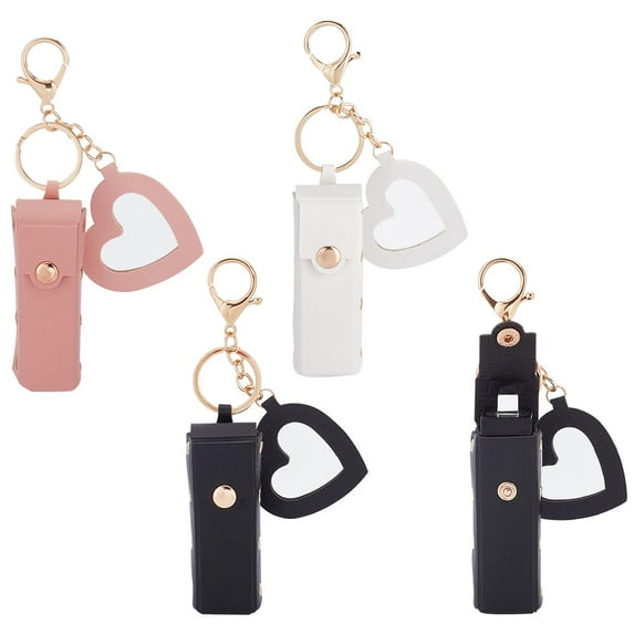 3pcs 3 colors PU Leather Lipstick Storage Bags Portable Lip Balm Organizer Holder for Women Ladies with Light golden Tone Alloy Keychain and Mirror Heart 15.1cm Mirror: 50.5x54x3.8mm 1pc/color
