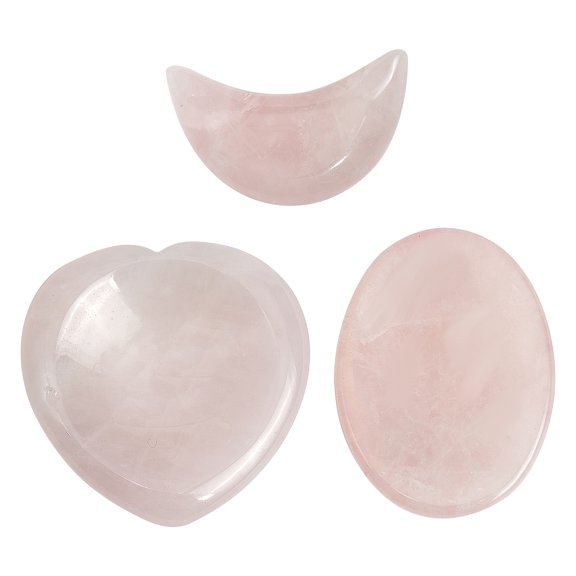 3pcs 3 style Natural Rose Quartz Massager for Healing Reiki Stress Relief Heart & Oval & Moon 30~40x20.5~40x5~9.5mm 1pc/style 1box