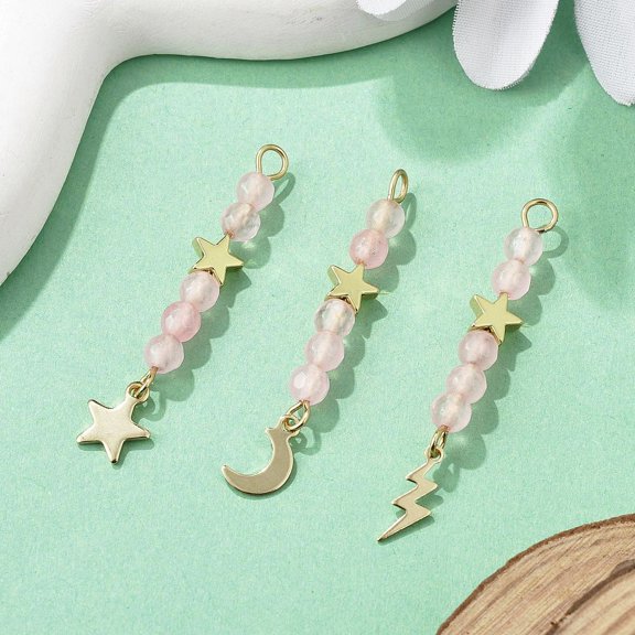3pcs 3 styles Natural Rose Quartz Faceted Round Beaded Pendants Stainless Steel Moon Star Lightning Bolt Charms Golden 42~45mm Hole: 2mm 1pc/style
