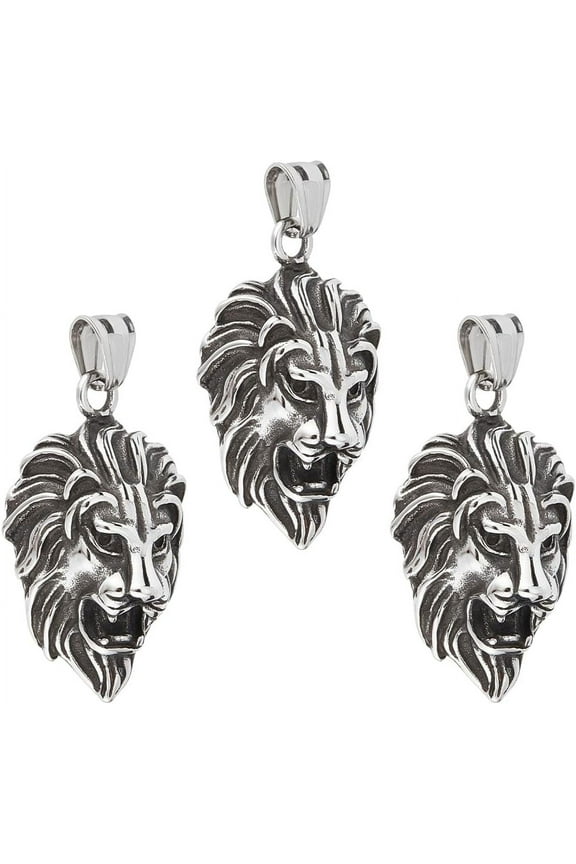 3pcs 304 Stainless Steel Pendants Lion Antique Silver 41.5x27x16mm Hole: 9x4mm