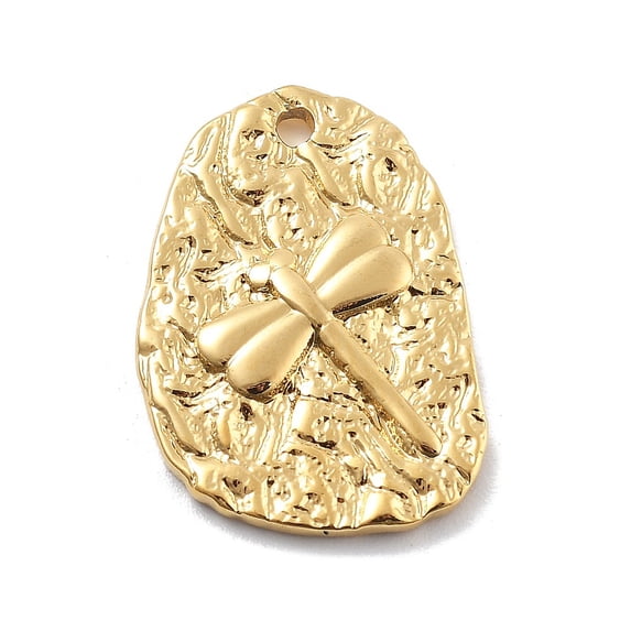 3pcs 304 Stainless Steel Pendants Oval with Dragonfly Charm PVD Vacuum Plating Textured Real 18K Gold Plated 20x14x2mm Hole: 1.4mm