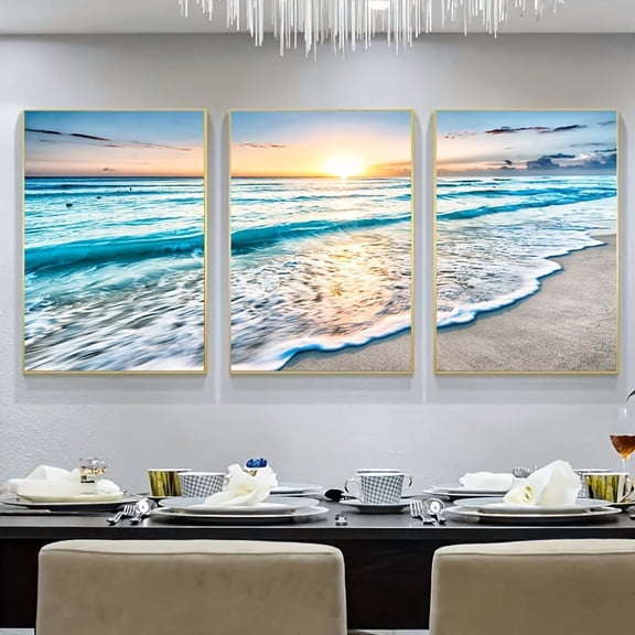 3pcs, 39.88cmx59.94cm, Modern Wave Beach Sunset Canvas Painting, Natural Sea View Posters And Printed Wall Art Photos For Living Room Bedroom, Home Decoration, Frameless