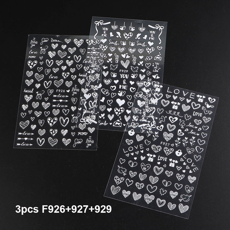 3pcs 3D Elegant White Heart Nail Stickers Valentine Love Designs Nail Art Decals Self Adhesive Decoration DIY Manicure Supplies