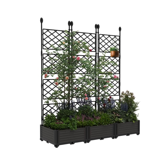3pcs/4pcs/7pcs Black Raised Garden Bed Kit with Tre-llis - Vertical Plant-er, P-rivacy Screen for Backyard Climbing Plants