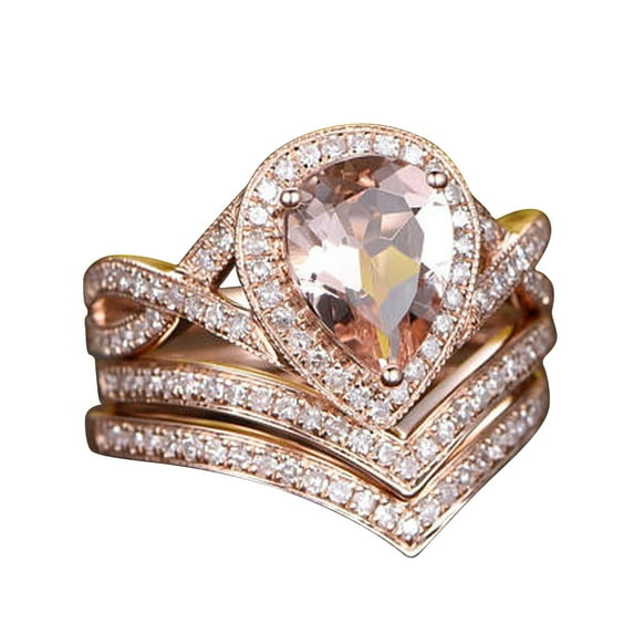3pcs 5.25 Carat 11x8mm Pear Cut Morganite Ifinity Diamond Moissanite Bridal Ring Set 10k Rose Gold