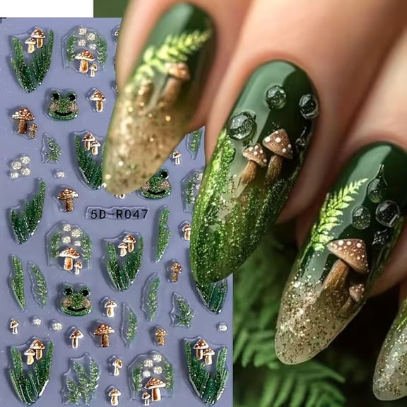 3pcs 5D Embossed Forest Mushroom Frog Nail Art Stickers - Easy Application for Stunning Manicures