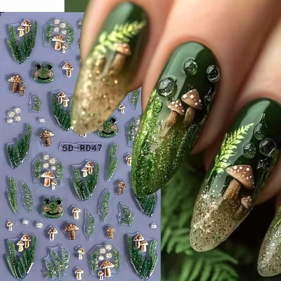 3pcs 5D Embossed Forest Mushroom Frog Nail Art Stickers for Manicure