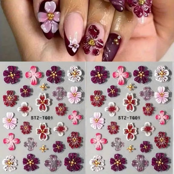 3pcs 5D Embossed Purple Hibiscus Flower Nail Art Stickers - Elegant Floral Nail Decorations for Stunning Manicures
