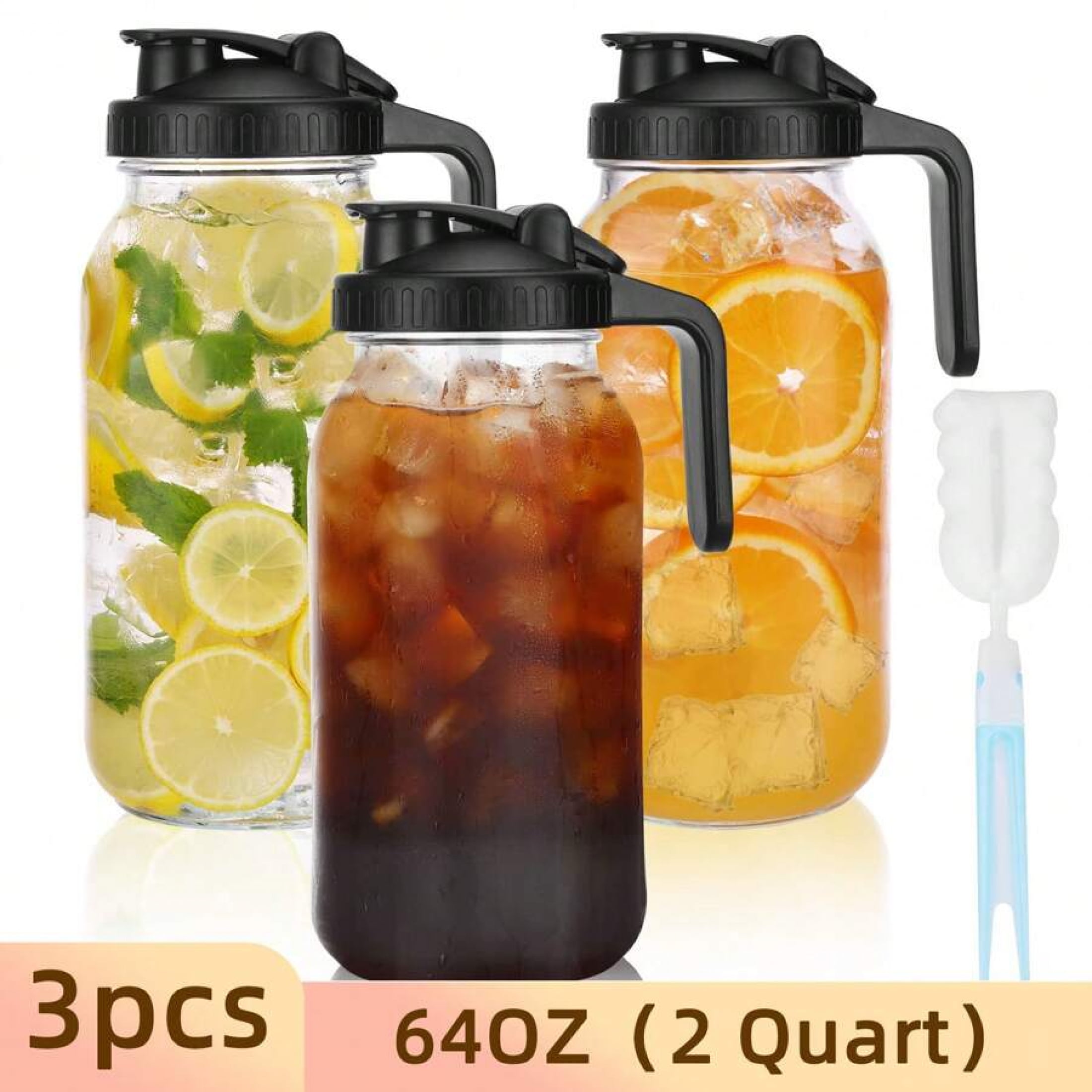 3pcs 64oz (2 Quart) Glass Canning Jar Pitcher with Lid - Wide Mouth, Heavy Duty, Leak Proof, for Sun & Iced Tea, Cold Brew Coffee, Milk Storage & Water - Walmart.com