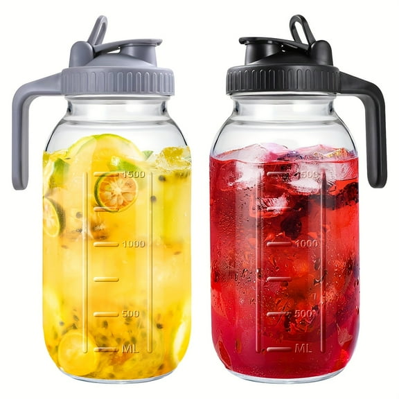 3pcs 64oz Wide Mouth Mason Jar Drinking Set - Black & Grey, Double Layer Leak-Proof, Refrigerator-Friendly for Hot & Cold Beverages