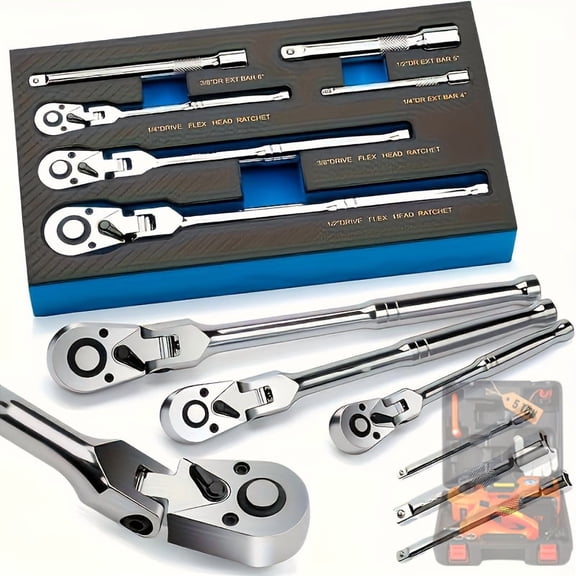 3pcs/6pcs Traction Head Ratchet Kit, 1/4", 3/8", 1/2" Drive, Extended Head Ratchet With Wrench, 72 Teeth, 180° Adjustable, Quick Release, Bendable Ratchet Handle, With EVA Sponge Tool Set