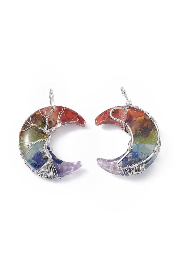 3pcs 7 Chakra Mixed Stone Chip Copper Wire Wrapped Big Pendants Moon with Resin 51.5x36x15mm Hole: 5mm