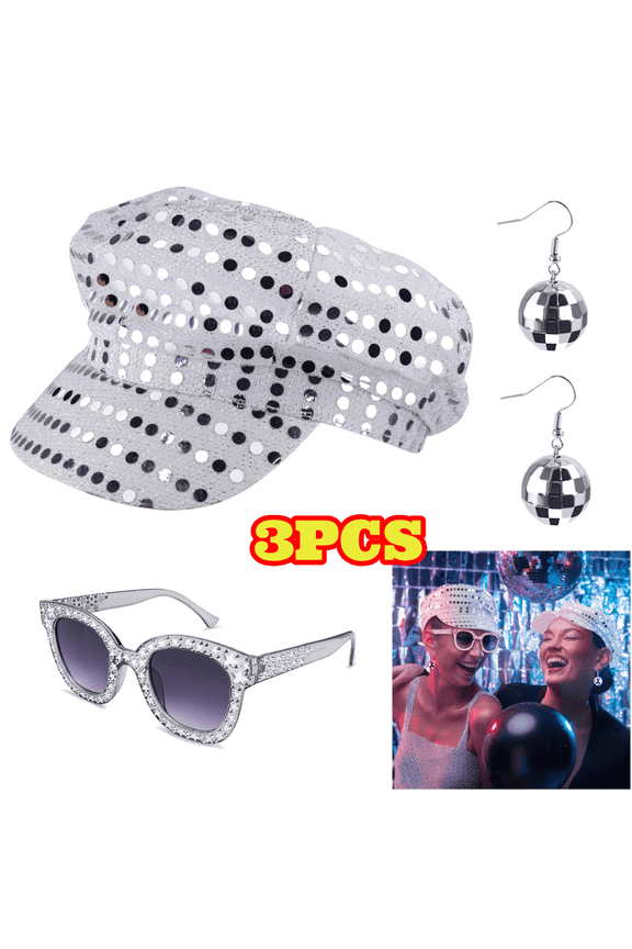 3pcs 70s Disco Abba Accessories for Women, Sequin Hat, Glitter Sunglasses and Earrings for Theme Party Birthday Dance