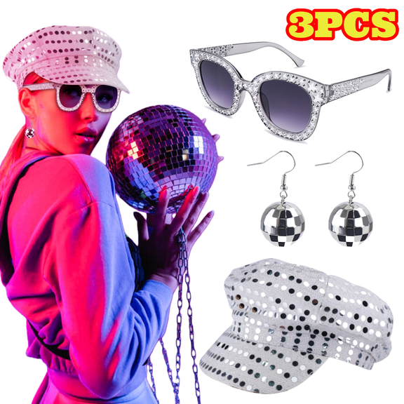 3pcs 70s Sequin Hat Abba Accessories, Disco Accessories with Sequins Hat Sunglasses Earrings for Women Theme Party Birthday Dance