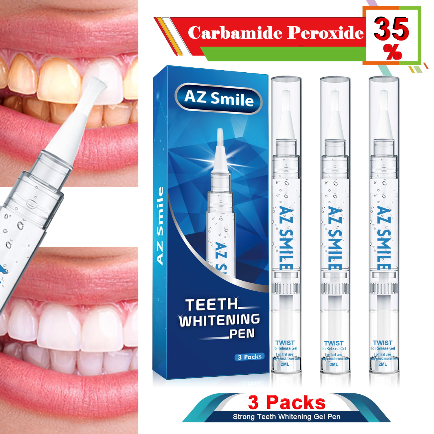 3pcs AZSmile 6ML 35%CP Teeth Whitening Gel Pen Kit, Non-Sensitive Teeth Whitening Pen, Tooth Whitener, Stain Removal, Mint - Walmart.com