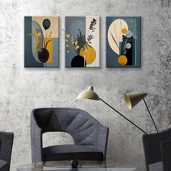 3pcs Abstract Bohemian Canvas Wall Art Prints - Frameless Modern Geometric Leaf Patterns, Earthy Tones & Vibrant Accents, Minimalist Decor for Living Room, Bedroom, Kitchen, Office, Kitchen Artwork,