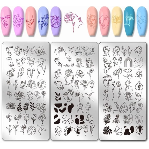 3pcs Abstract Faces Nail Art Templates Abstract Flowers Leaves Nail Stamping Plate Line Woman Face Art Stencils Stainless Steel Image Plates