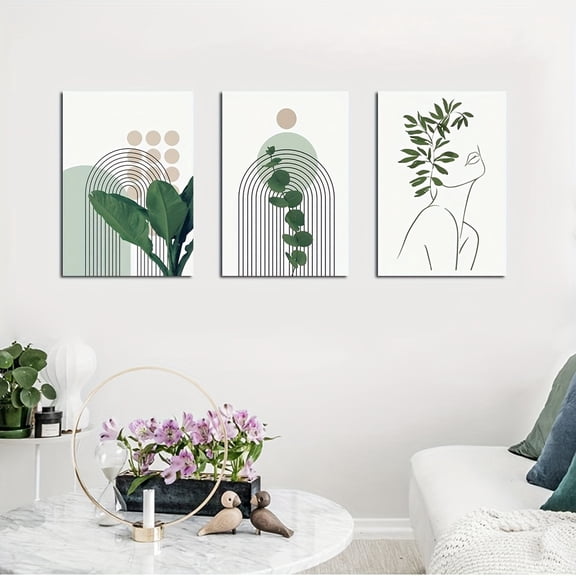 3pcs Abstract Green Plants and Figures Canvas Prints, Modern Minimalist Style Green Leaf Geometric Line Color Block Rectangular Wall Art for Dining Room, Living Room, Bedroom, Study, Kids' Room, Hom