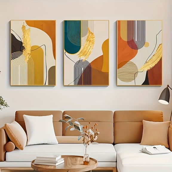 [3pcs Abstract Line Art Canvas Prints] Set of 3 Luxury Abstract Line Art Canvas Prints, Nordic Golden Poster, Modern Home Decor, Frameless Wall Art for Living Room and Bedroom