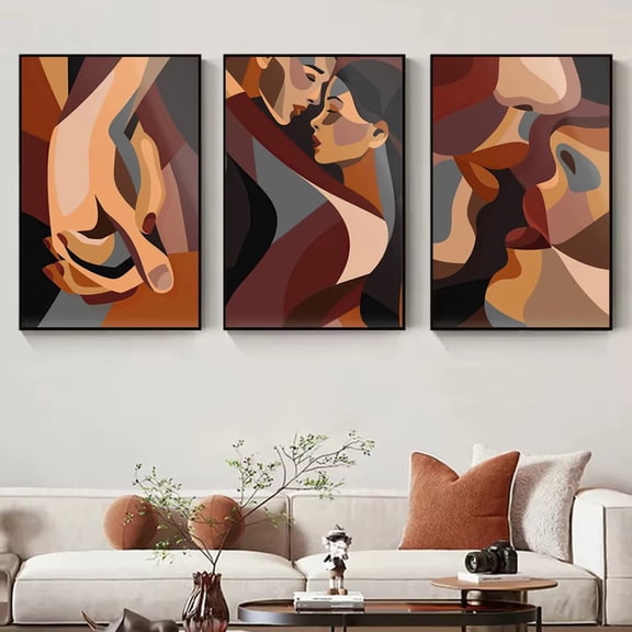 3pcs Abstract Lover Kiss Canvas Art Prints, Romantic Couple Hug Wall Paintings, Frameless Modern Landscape Theme Decor Posters for Living Room, Unframed
