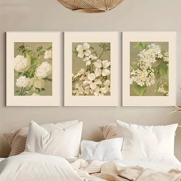 3pcs  Abstract Vintage Floral Art Posters - Beige Canvas Wall Decor with Elegant White Flowers & Green Leaves, Waterproof & Reusable for Living Room, Bedroom, Kitchen, Bathroom, Hallway - Creative H