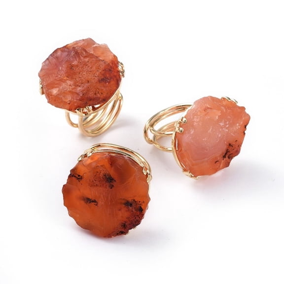 3pcs Adjustable Rough Raw Carnelian Finger Rings with Brass Findings Golden Size 8~9 18~19.5mm