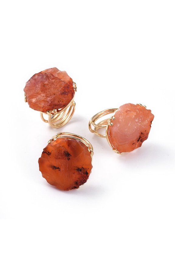 3pcs Adjustable Rough Raw Carnelian Finger Rings with Brass Findings Golden Size 8~9 18~19.5mm
