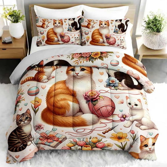 3pcs Adorable Cat Lover Comforter Set, Whimsical Feline Bedding Set for Bedroom or Guest Room Decor, All Seasons Quilt Machine Washable Duvet with 2 Pillowcases