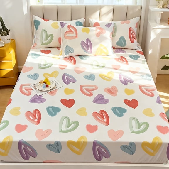 3pcs All-Season Rainbow Heart Fitted Sheet Set - Soft Microfiber Bedding for Twin, Full, Queen, King Beds, Vibrant Heart Pattern, Elasticized Corners, Easy Care
