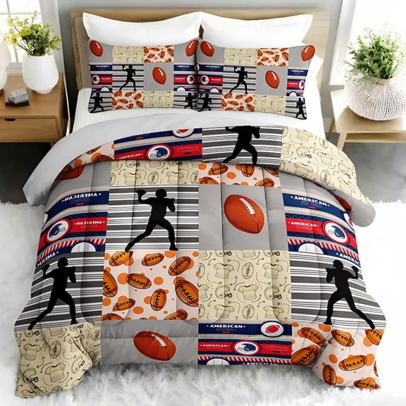 3pcs American Football Comforter Set, Patchwork Bedding Set for Bedroom or Guest Room Decor, All Seasons Quilt Machine Washable Duvet with 2 Pillowcases