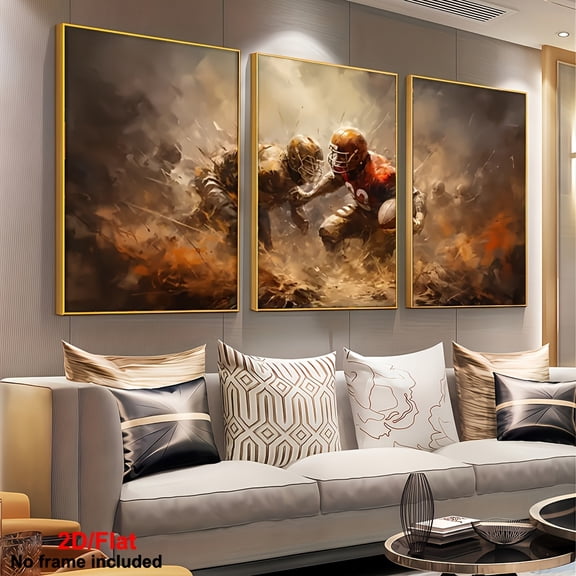 3pcs American Football Wall Art Set - Abstract Football Action Paintings with -Inspired Players, Golden & Brown Tones - Frameless Canvas Prints for, for Man Cave, Game Room Decor - Modern Sports-The