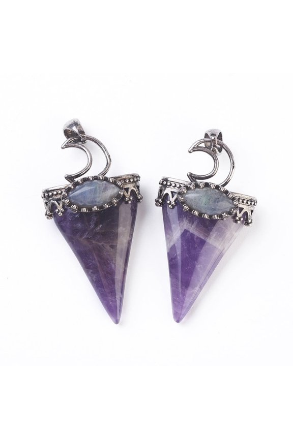 3pcs Amethyst Big Pendants with Brass Findings Triangle Silver 53~58x28~29x16~18mm Hole: 5x7mm