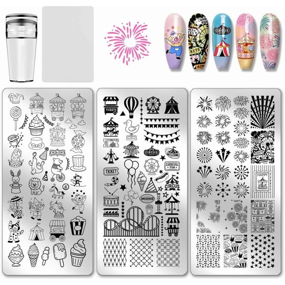 3pcs Amusement Park Nail Stamp Plate Circus Firework Pattern Print Art Template Stainless Steel Nail Image Plate Amusement Ride Nails Stencils