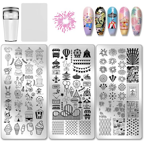 3pcs Amusement Park Nail Stamp Plate Circus Firework Pattern Print Art Template Stainless Steel Nail Image Plate Amusement Ride Nails Stencils