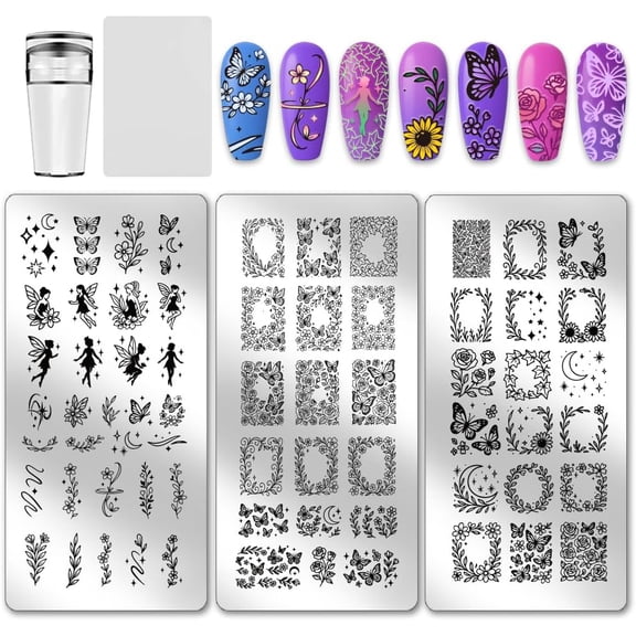 3pcs Angel Fairy Nail Stamping Plate Flower Border Nails Art Templates Butterfly Rose Plants Manicure Art Stencils Moon Star Nail Image Plates