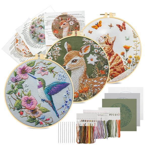 3pcs Animal Flower Pattern Embroidery Kit, TSV Cross Stitch Practice Set with Hoops