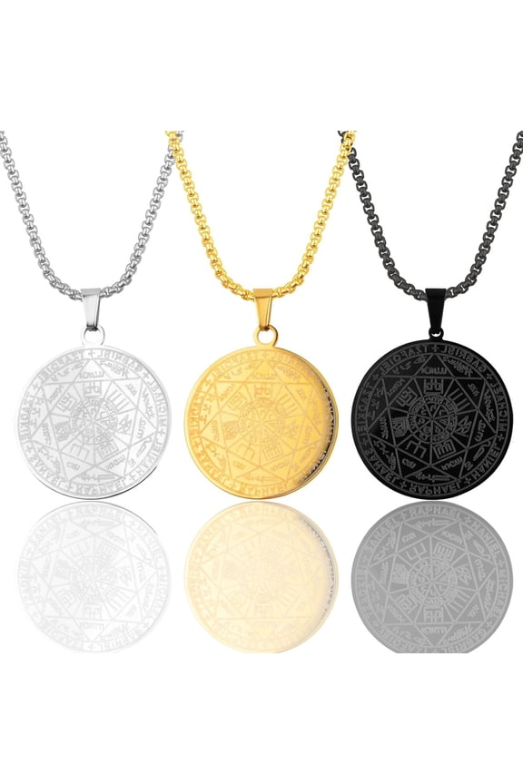 3pcs Archangels Pendant Necklaces Seven Princes of Heaven Seal of the Archangel Michael Coin Pendant Medal with Chain for Men and Women Protection Amulet Stainless Steel